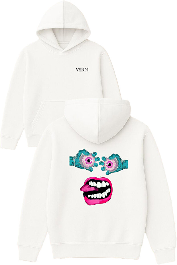 Pink Eyes Design Printed Oversized White Hooded Sweatshirt