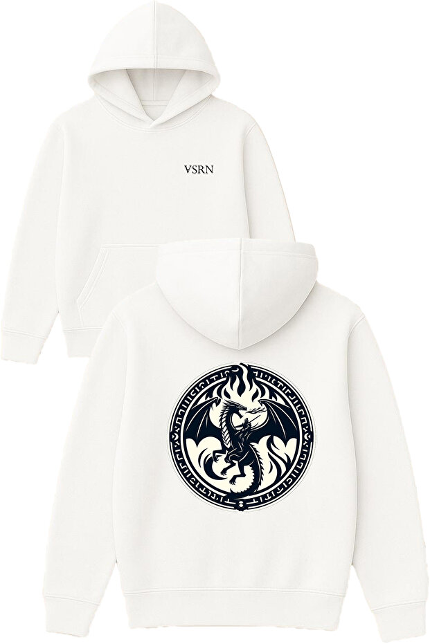 Buyuk Ejderha Design Printed Oversized White Hooded Sweatshirt