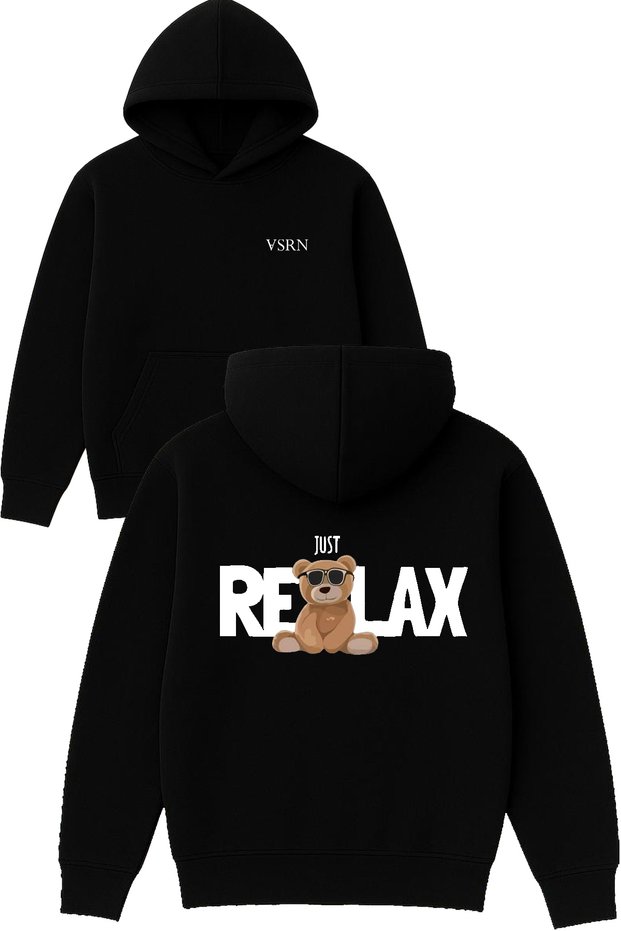 Just Relax Design Printed Oversized Black Hooded Sweatshirt