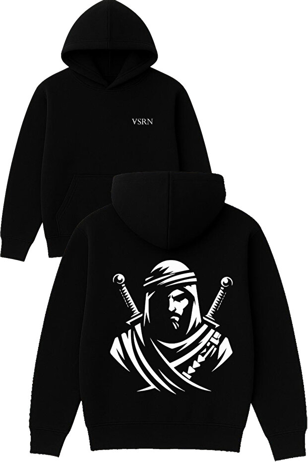 Sovalye Design Printed Oversized Black Hooded Sweatshirt