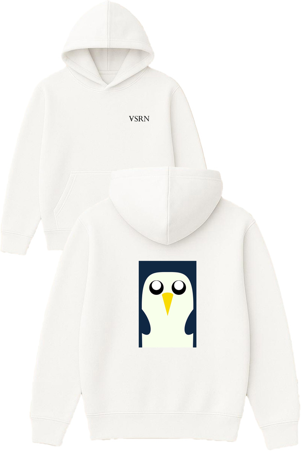 Penguin Design Printed Oversized White Hooded Sweatshirt
