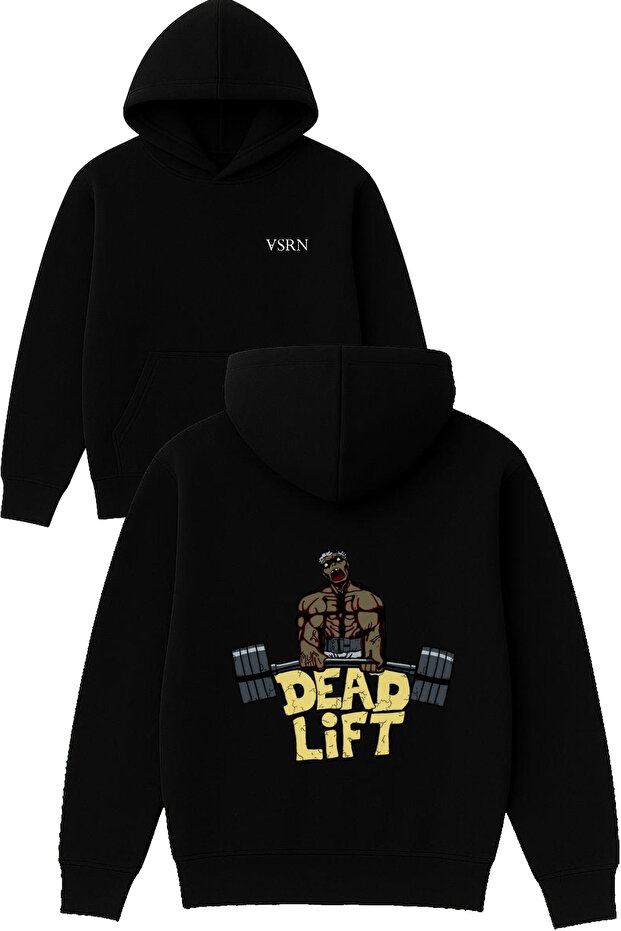 Dead Lift Design Printed Oversized Black Hooded Sweatshirt