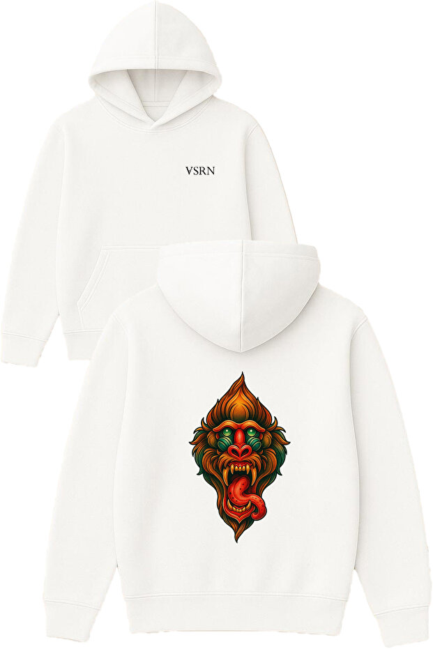 Chimpanzee Design Printed Oversized White Hooded Sweatshirt
