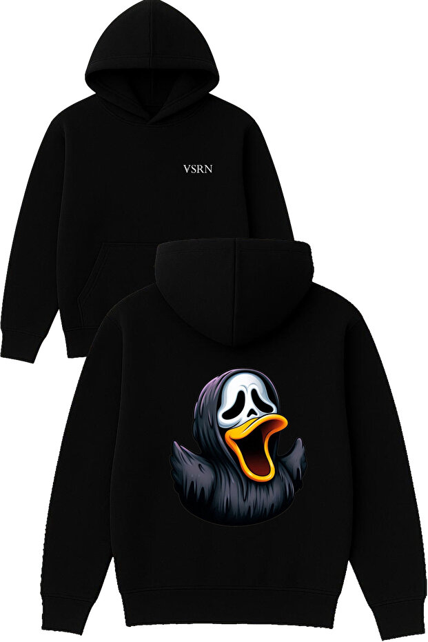Skeleton Duck Design Printed Oversized Black Hooded Sweatshirt