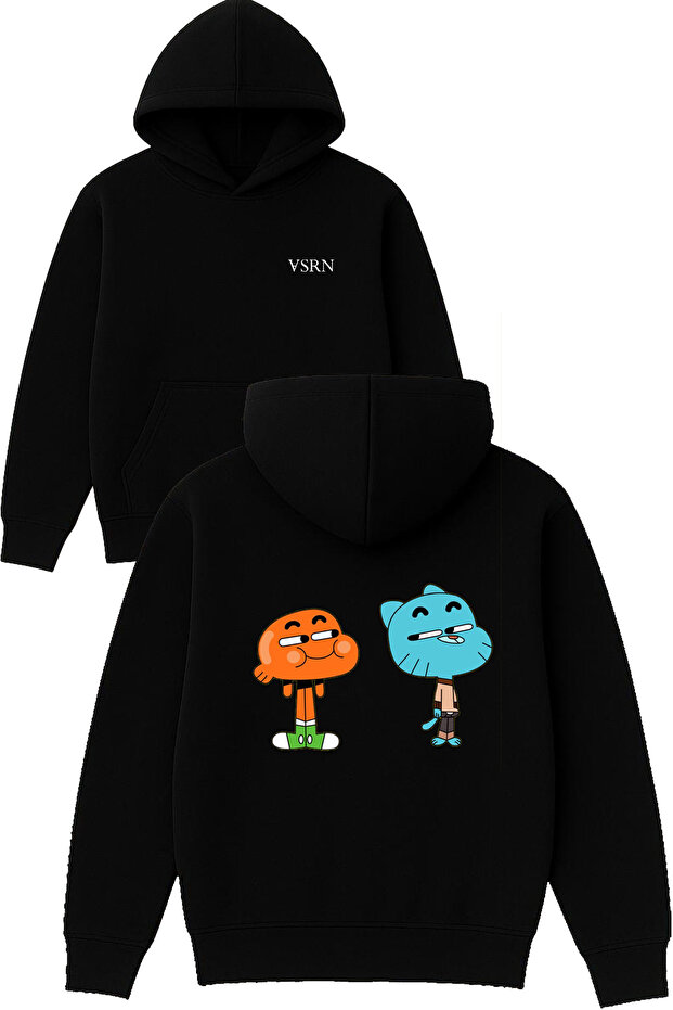 Gumbal Darwin Rabbit Design Printed Oversized Black Hooded Sweatshirt