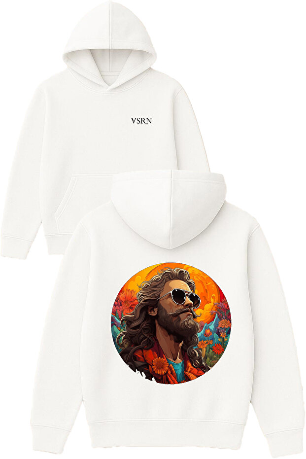 Hot Guy with Glasses Design Printed Oversized White Hooded Sweatshirt