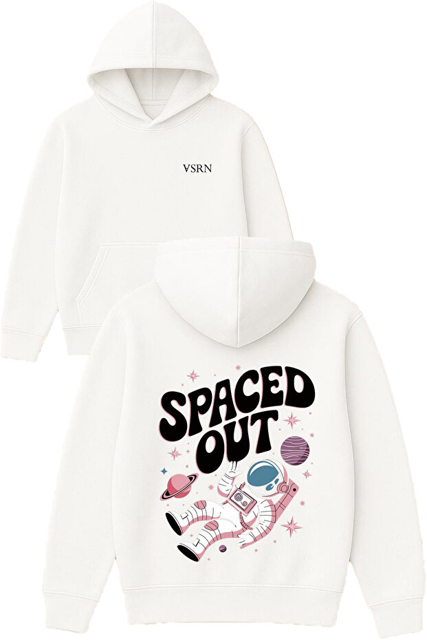 Spaced Out Design Printed Oversized White Hooded Sweatshirt