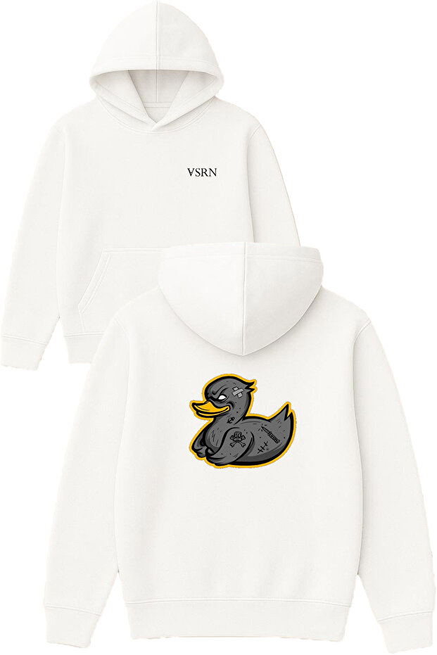 Dangerous Duck Design Printed Oversized White Hooded Sweatshirt