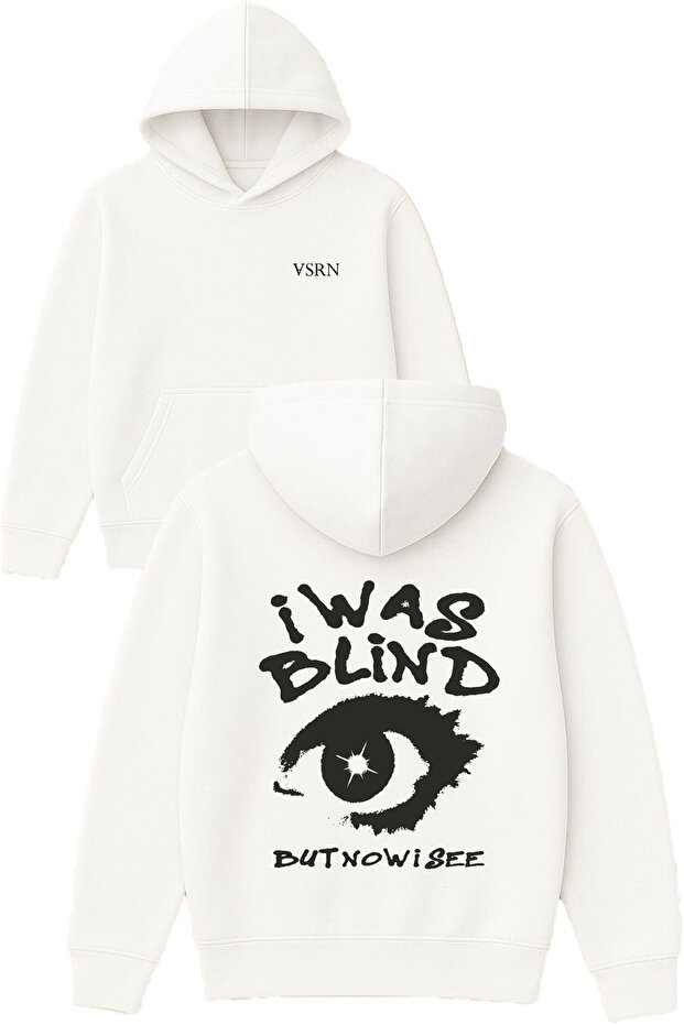 I Was Blind Design Printed Oversized White Hooded Sweatshirt