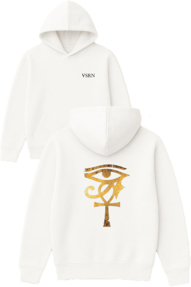 Plain Gold Ra Design Printed Oversized White Hooded Sweatshirt
