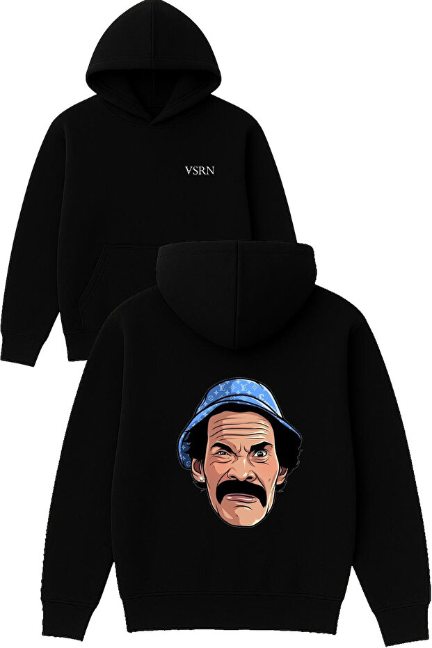 Man with Hat Design Printed Oversized Black Hooded Sweatshirt