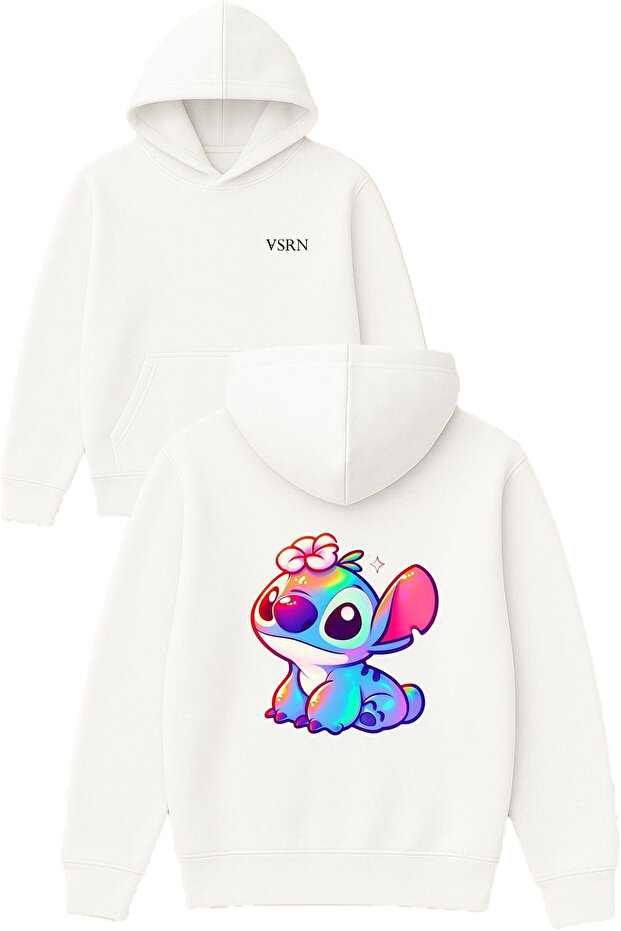 Sweet Monster Design Printed Oversized White Hooded Sweatshirt
