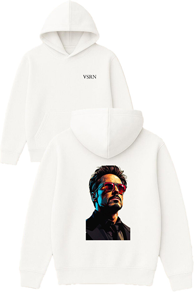 Tony Stark Design Printed Oversized White Hooded Sweatshirt