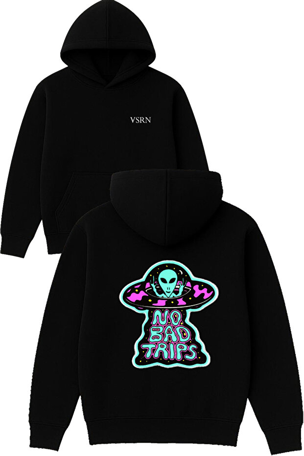 No Bad Trips Design Printed Oversized Black Hooded Sweatshirt
