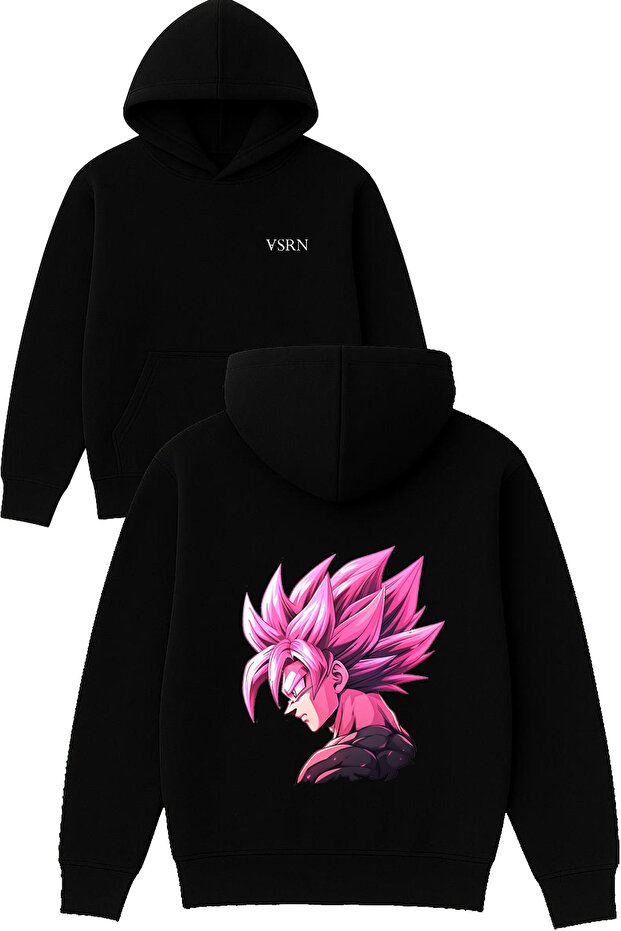 Pink Design Printed Oversized Black Hooded Sweatshirt