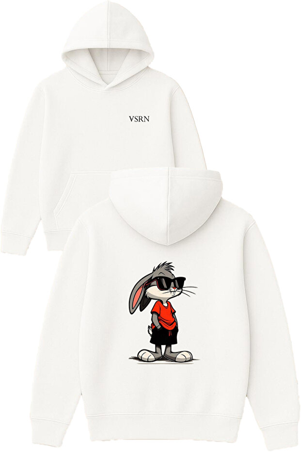 Famous Rabbit Design Printed Oversized White Hooded Sweatshirt