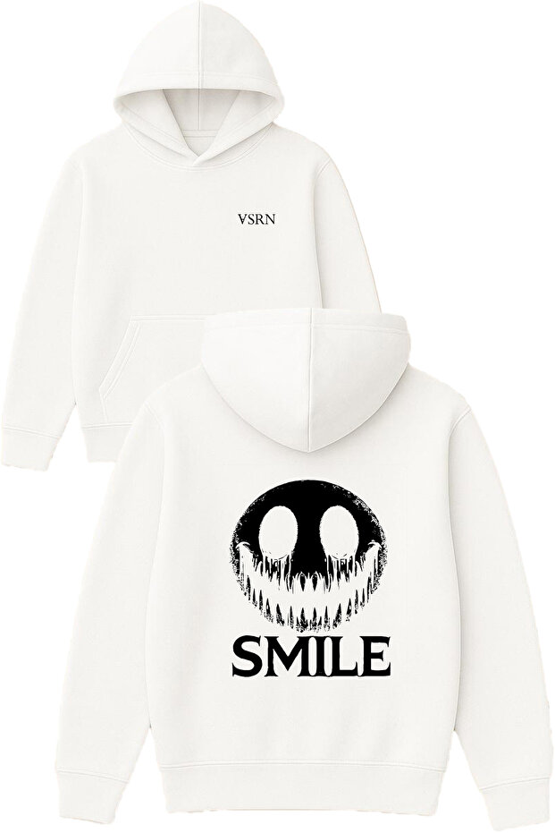 Smıle Design Printed Oversized White Hooded Sweatshirt