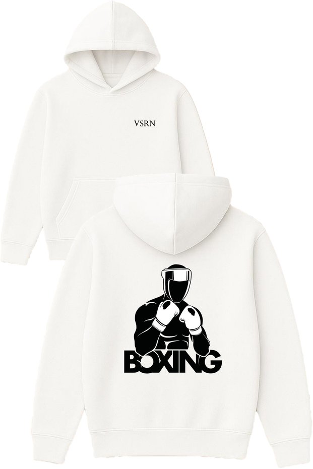 Boxıng Adam Design Printed Oversized White Hooded Sweatshirt