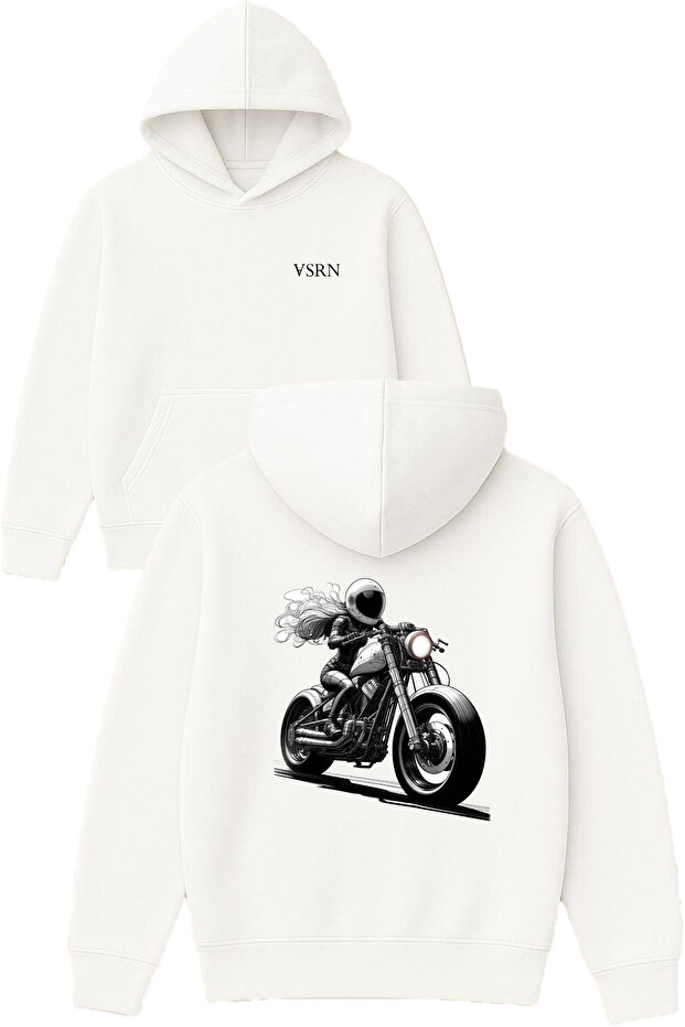 Motorized Woman Design Printed Oversized White Hooded Sweatshirt
