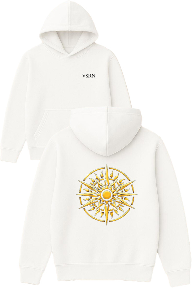 Gold Round Wheel Design Printed Oversized White Hooded Sweatshirt