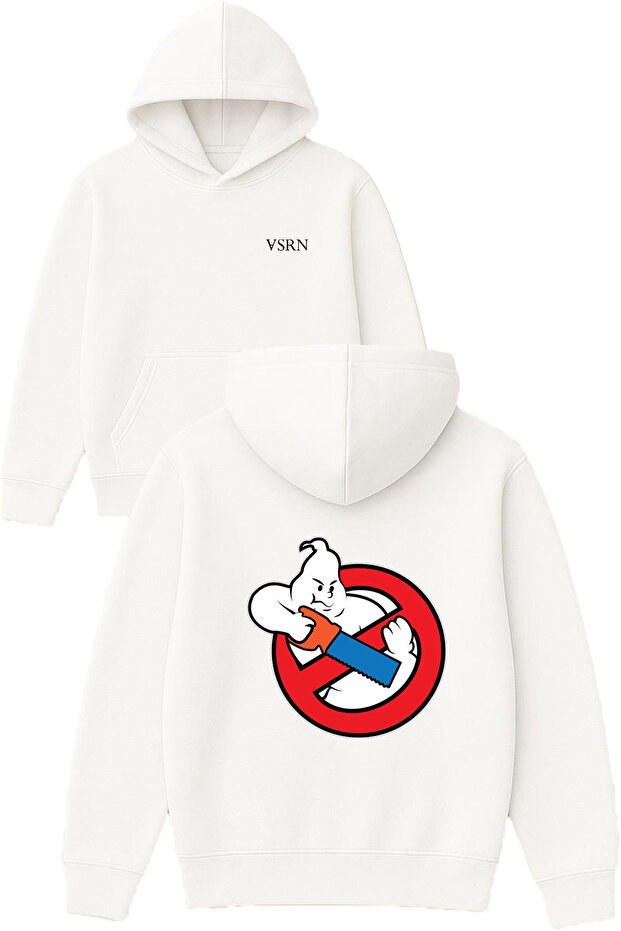 Ghost Red Design Printed Oversized White Hooded Sweatshirt