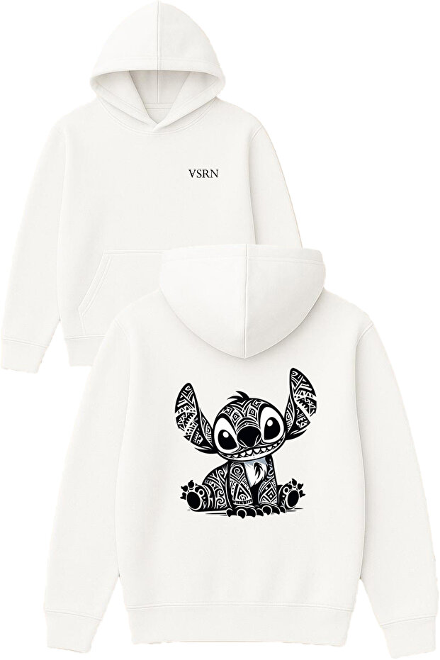 Black Striped Alien Figure Design Printed Oversized White Hooded Sweatshirt