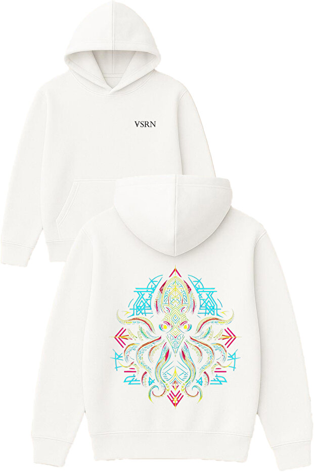 Octopus 1 Design Printed Oversized White Hooded Sweatshirt