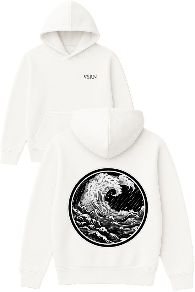 Wave Design Printed Oversized White Hooded Sweatshirt