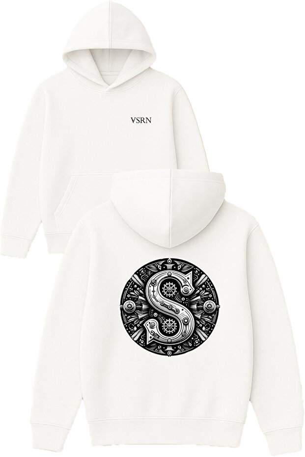 S Round Design Printed Oversized White Hooded Sweatshirt