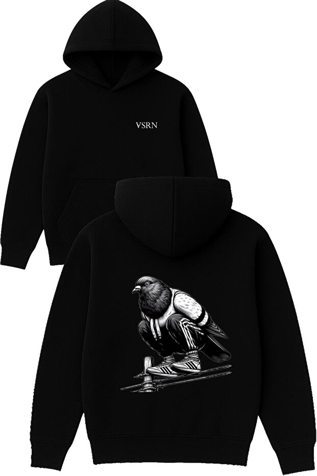 Guvercın Design Printed Oversized Black Hooded Sweatshirt