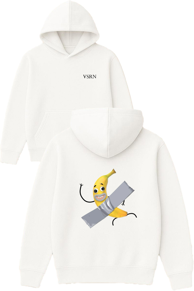 Banded Banana Design Printed Oversized White Hooded Sweatshirt