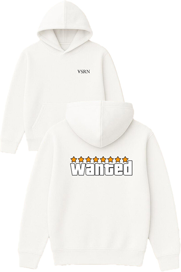 Wanted 8 Stars Design Printed Oversized White Hooded Sweatshirt