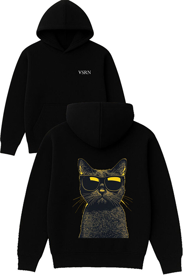 Cat with Glasses Design Printed Oversized Black Hooded Sweatshirt