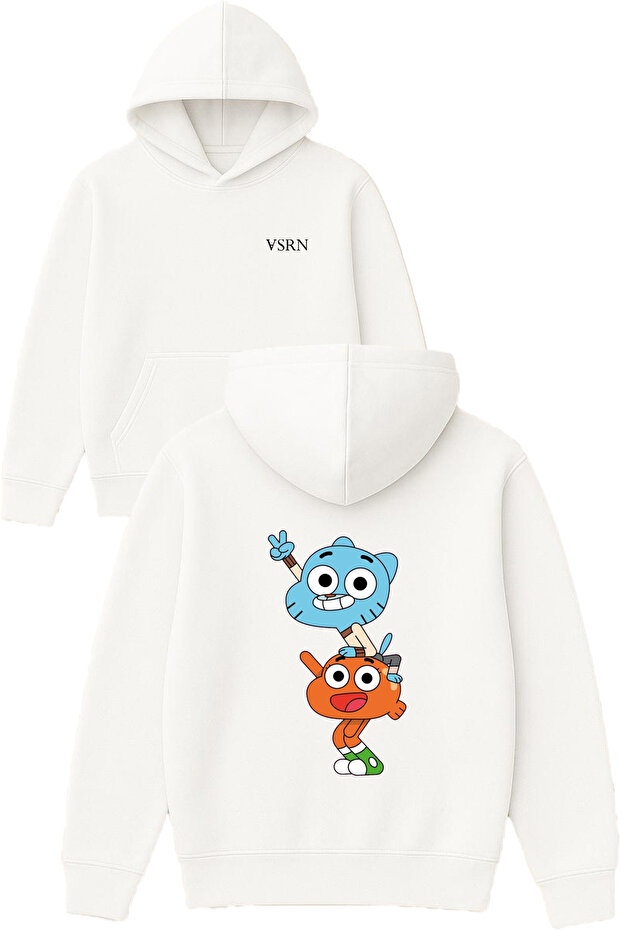 Ustuste Kedı Design Printed Oversized White Hooded Sweatshirt