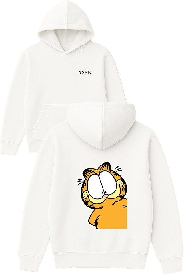 Garfıeld Design Printed Oversized White Hooded Sweatshirt