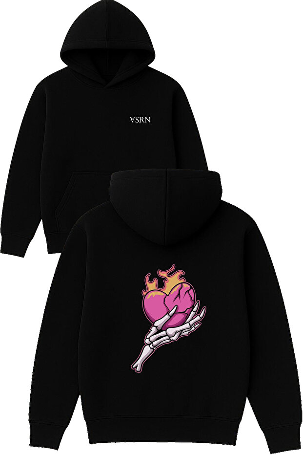 Skeleton Hand Heart Design Printed Oversized Black Hooded Sweatshirt