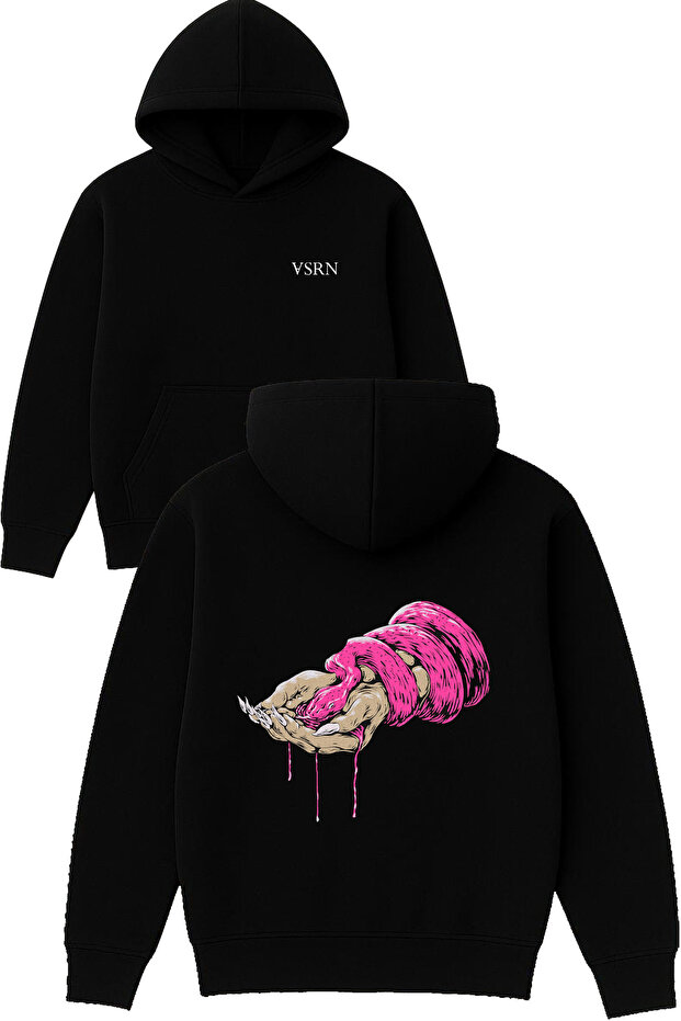 Pink Snake Hand Design Printed Oversized Black Hooded Sweatshirt