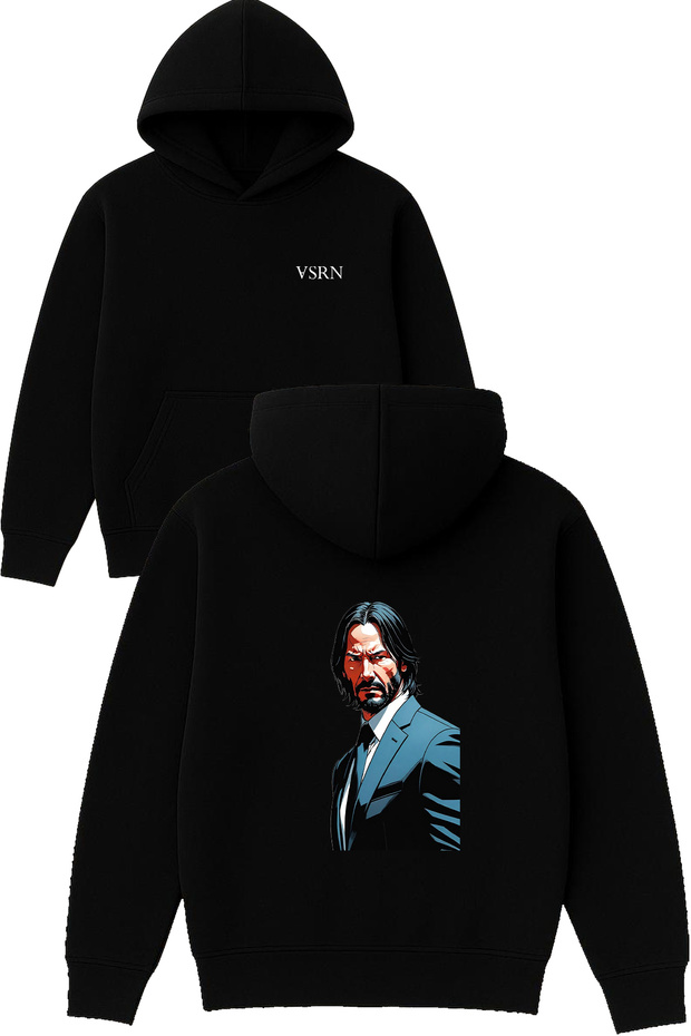 John Wick Long Design Printed Oversized Black Hooded Sweatshirt