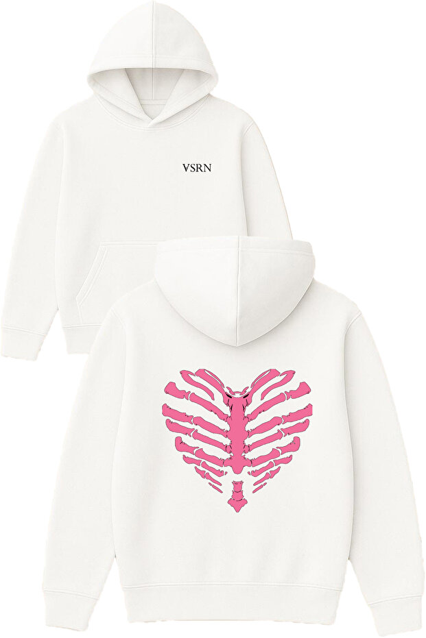 Heart Cage Design Printed Oversized White Hooded Sweatshirt