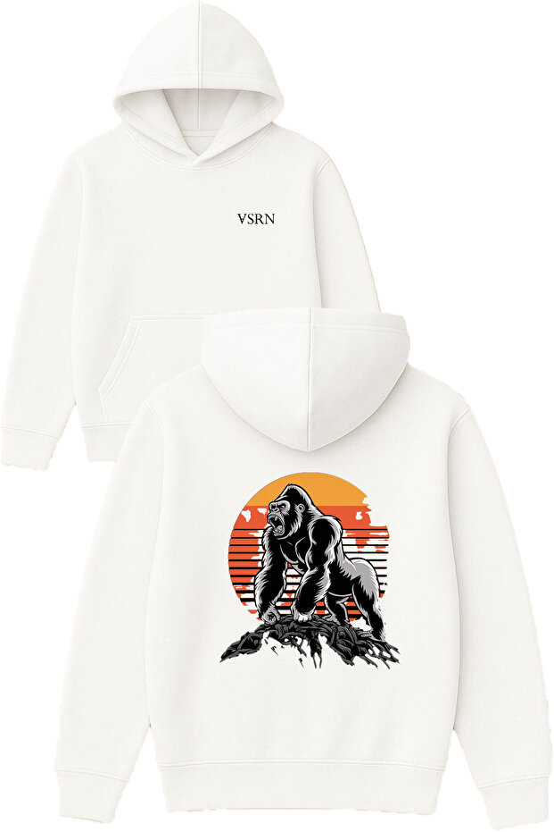 Gorilla King Design Printed Oversized White Hooded Sweatshirt