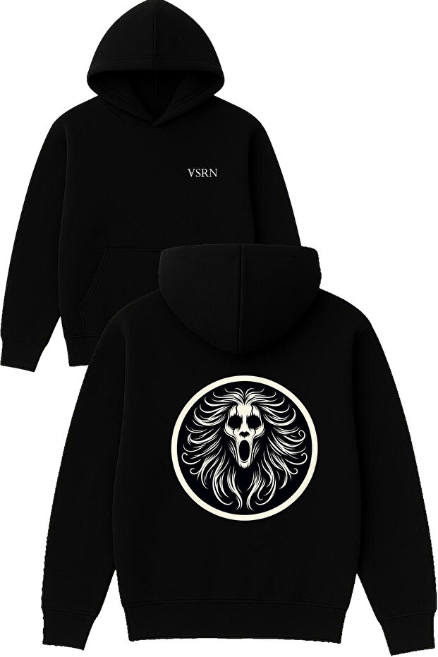 Round Sheet Ghost Design Printed Oversized Black Hooded Sweatshirt