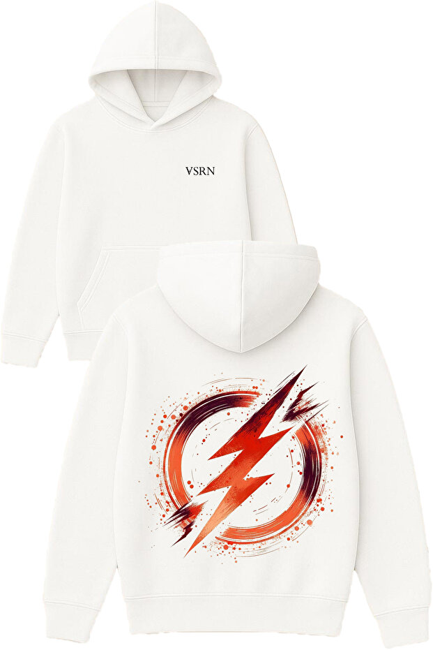 Lightning Red Design Printed Oversized White Hooded Sweatshirt