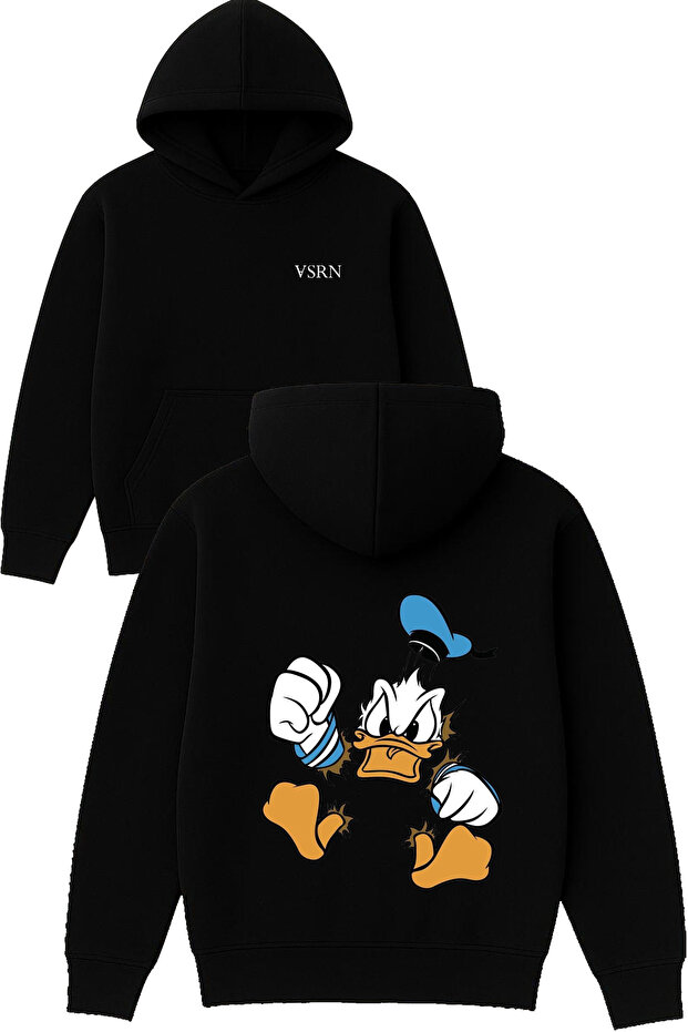 Angry Duck Design Printed Oversized Black Hooded Sweatshirt
