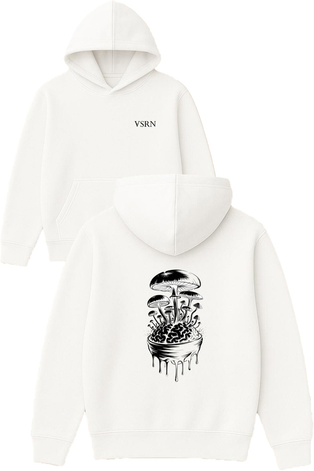 Brain Mushrooms Design Printed Oversized White Hooded Sweatshirt