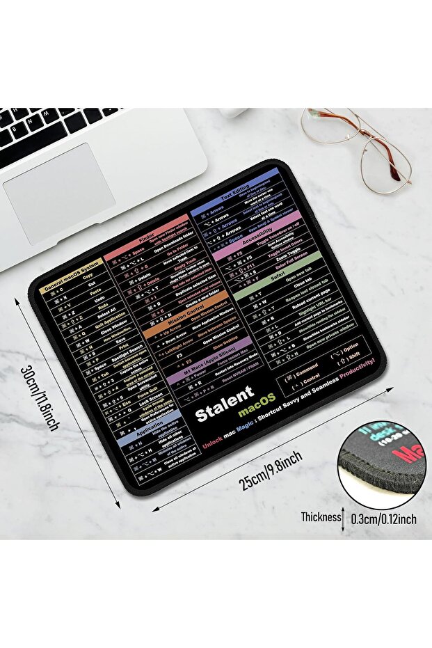 macOS Shortcuts Mouse Pad - Small Portable 11.8×9.8 in, Spill-resistant, Non-slip, Stitched Edges - 3