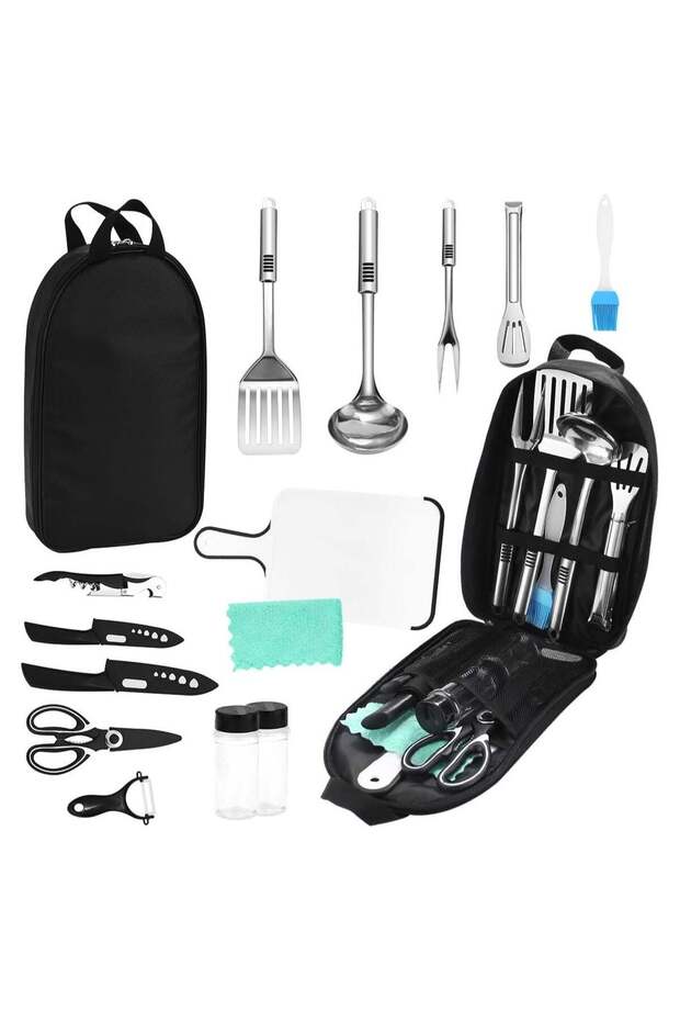 Camping Kitchen Utensil Set 15pcs – Portable Stainless Steel BBQ Cookware Organizer with Case