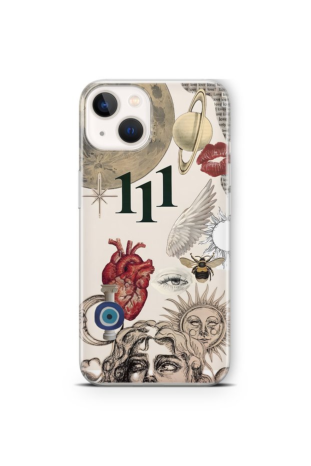 iPhone 15 Compatible Astro Symbolic Collage and 111 Energy Pattern Transparent Phone Case