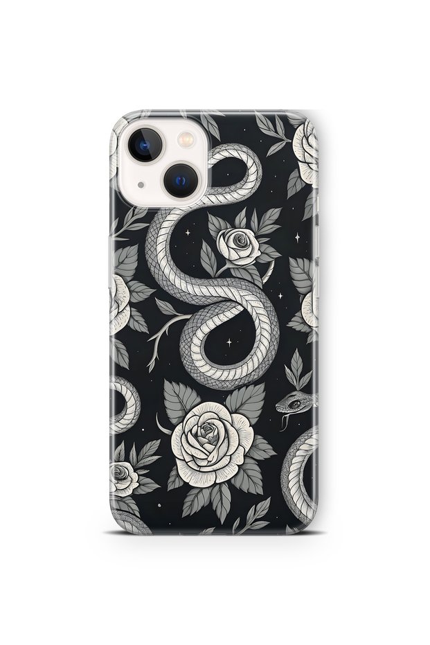 iPhone 13 Compatible Black Rose and Snake Pattern Transparent Phone Case
