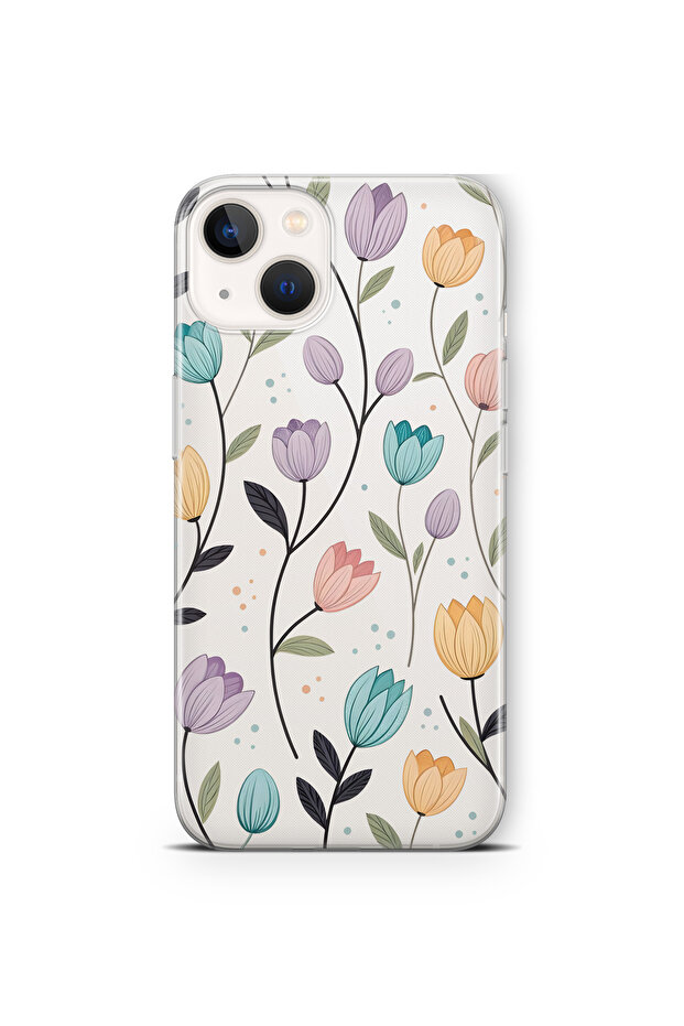 iPhone 15 Compatible Tulip Flower Pattern Transparent Phone Case