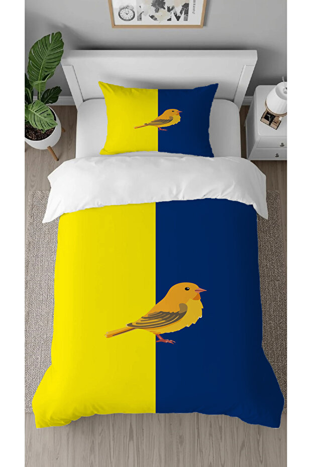 Canary Yellow Navy Blue Patterned Printed Special Design Single Style Children's Duvet Cover Set Without Sheets